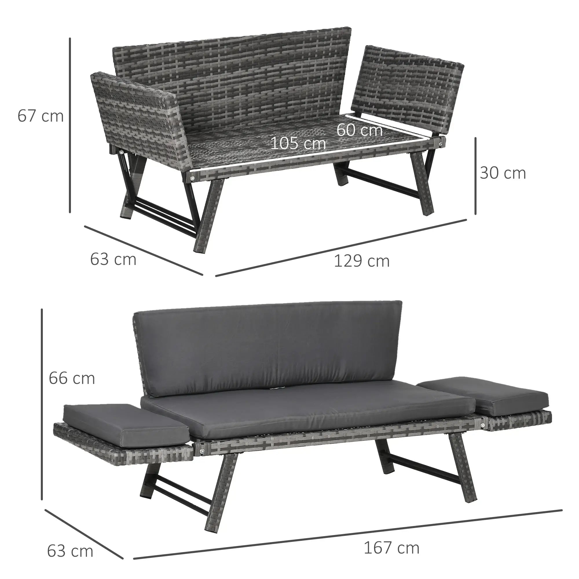 Dimensions of a wicker outdoor sofa with cushions on a white background
