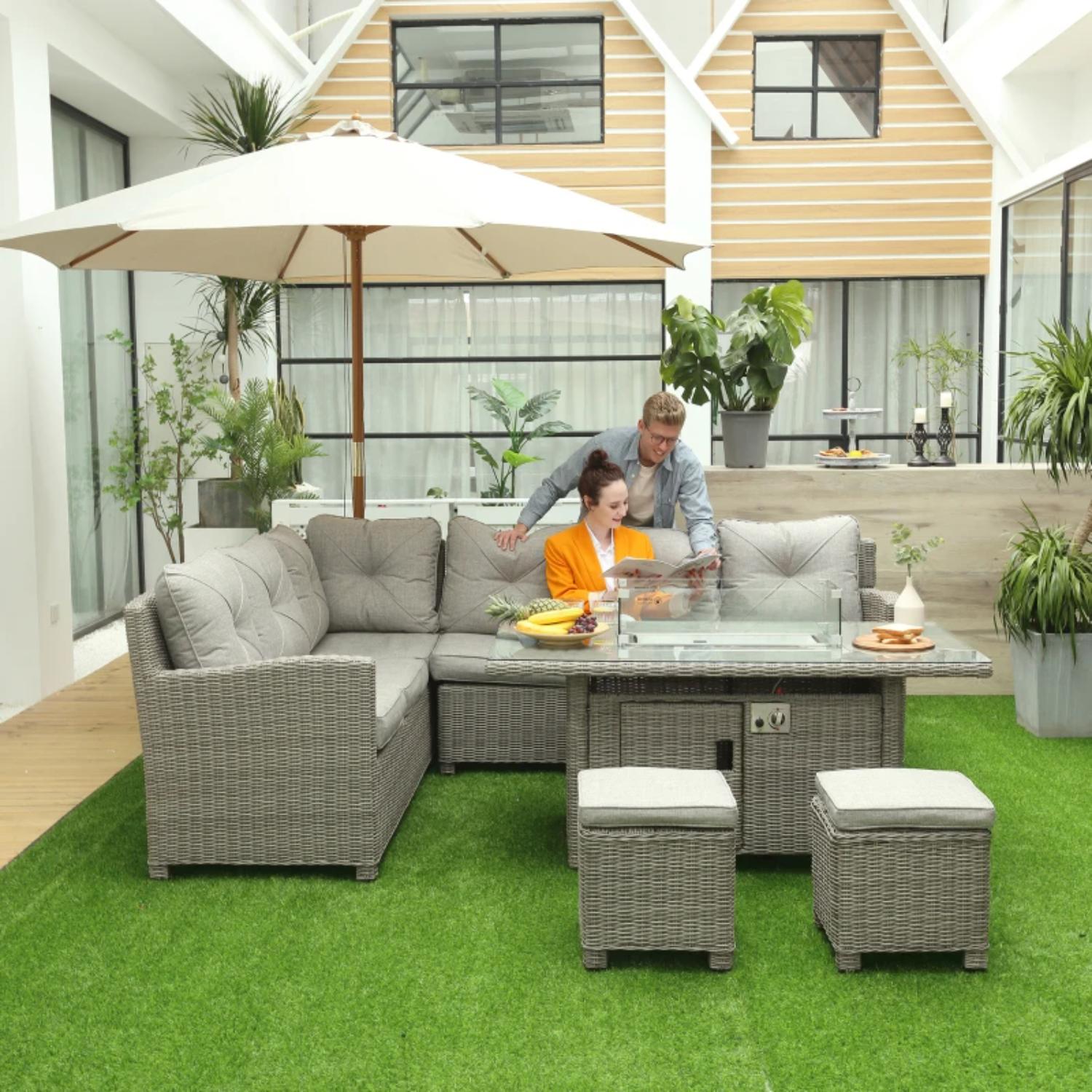 8-Seater Outdoor PE Rattan Sofa Set with Firepit Table and Cover