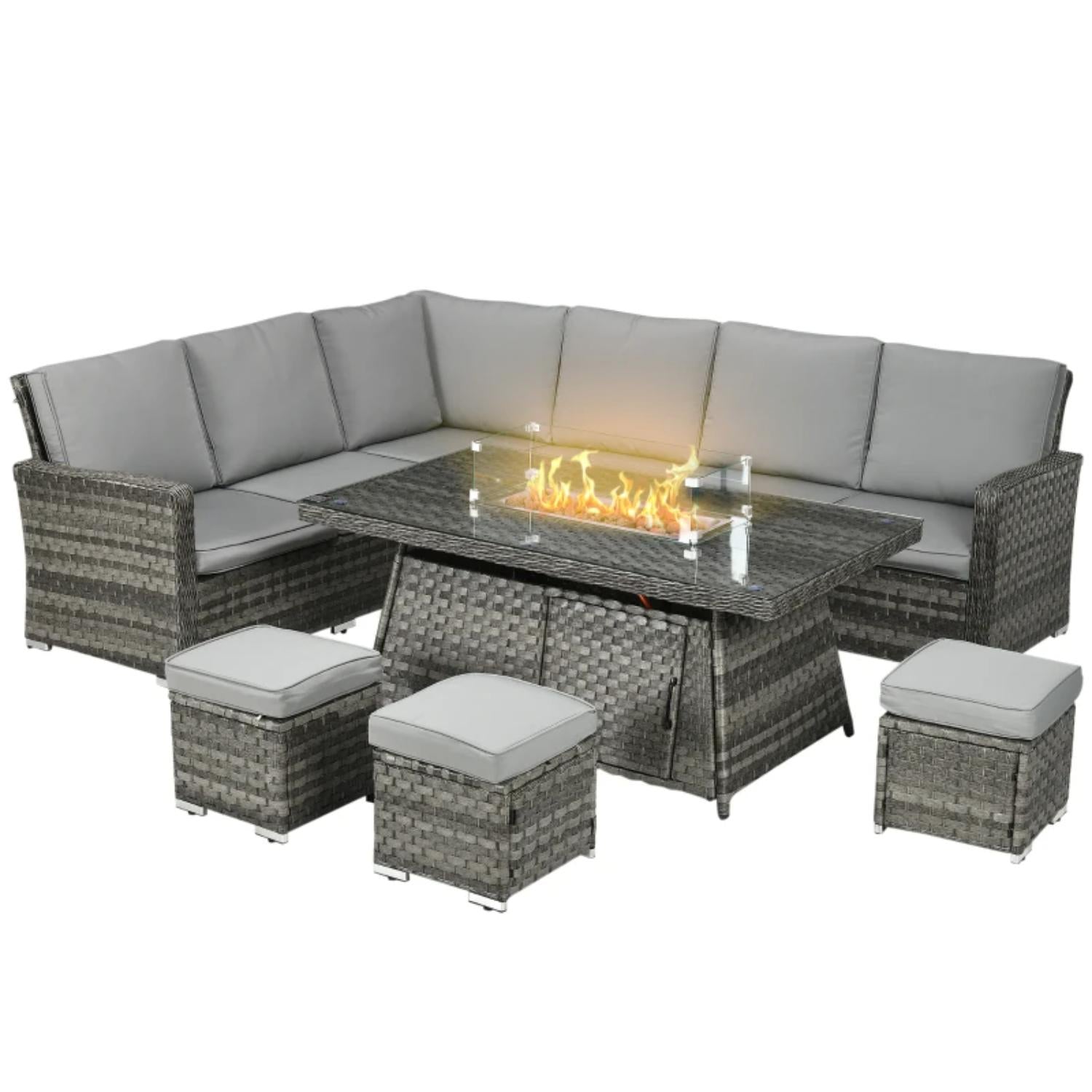7 Piece PE Rattan Garden Furniture Set, 50,000 BTU Gas Fire Pit Table
